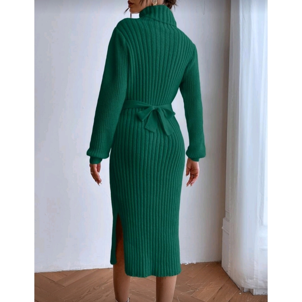 Shein Turtleneck Ribbed Knit Maxi Sweater Dress Green Sz S - Picture 2 of 7